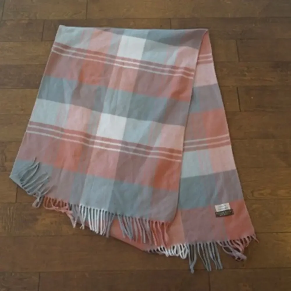 Lerdu Cashmere Wool Scarf Plaid Pink Blue Fringe Rectangle Wrap Shawl New